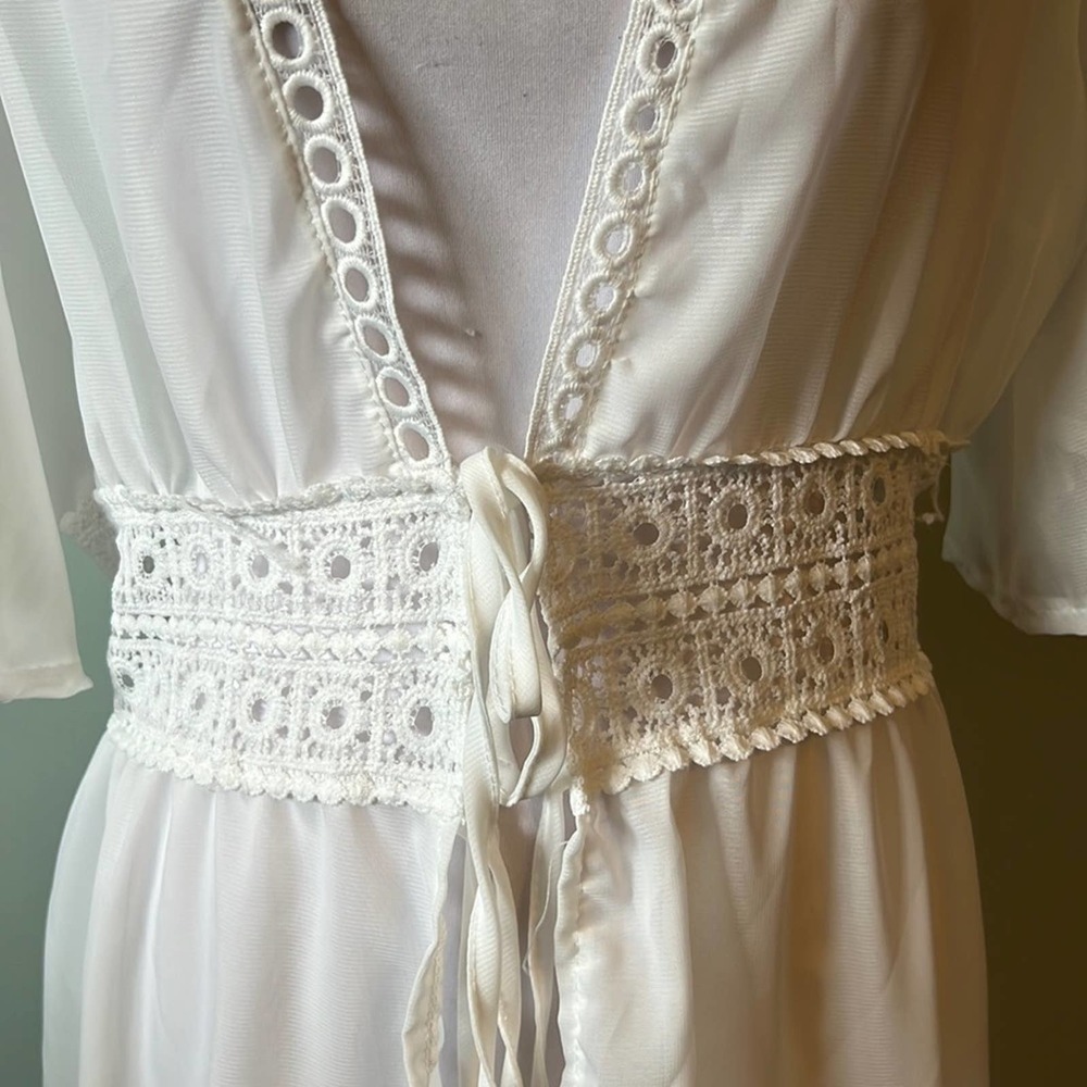 White sheer Cotton/blend Long crochet eyelet lace swim dress coverup tie waist - Picture 2 of 9